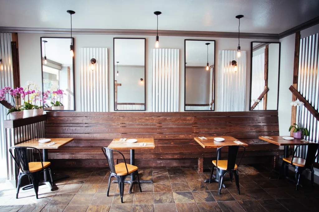 Dining area inside the Larb Thai restaurant in El Cerrito, CA.