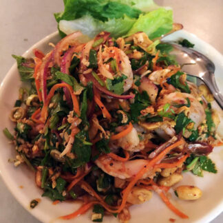 Larb with prawn, onions, peanuts, mint, and other aromatics.