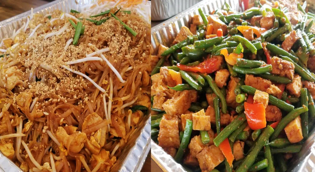 Catering trays of noodles and vegetables