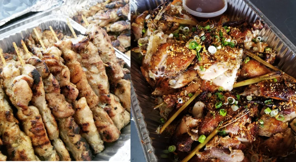 Catering trays of skewers and lemongrass chicken