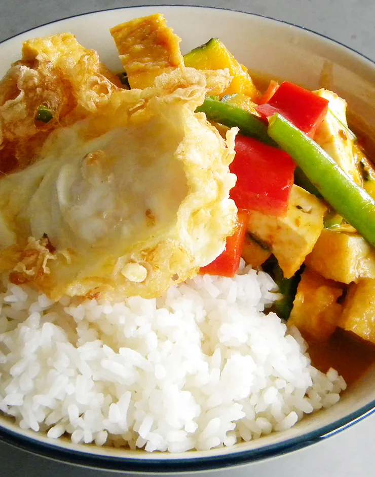 Thai curry with tofu and mixed vegetables over steamed rice