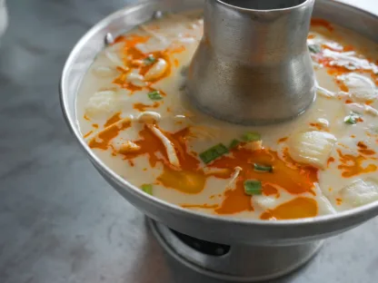 Coconut chicken soup with Enoki mushrooms, green onions, yellow onions, topped with chili oil, served in a metal hot pot.